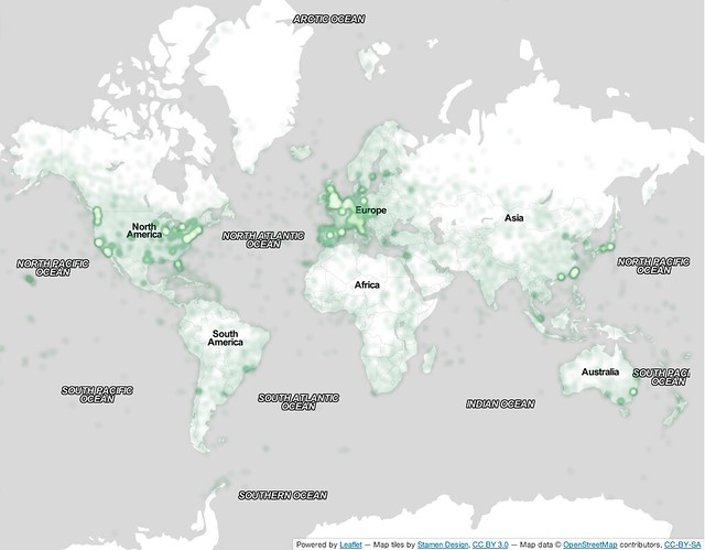 A 1 million photo sample of the 48 million geotagged photos from the dataset plotted around the globe. Creative Commons License One Million Creative Commons Geo-tagged Photos by aymanshamma on Flickr.