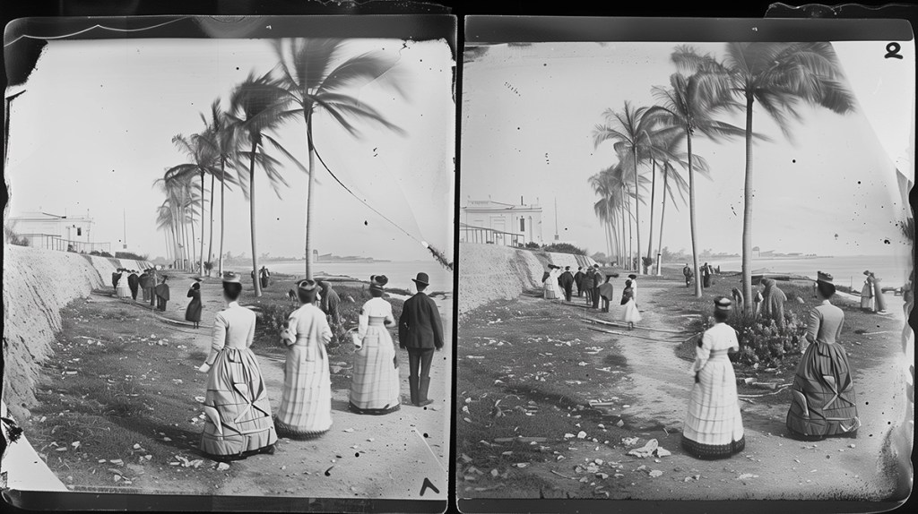 An AI generated image, two similar black and white photos side by side, women on a road with palm trees.