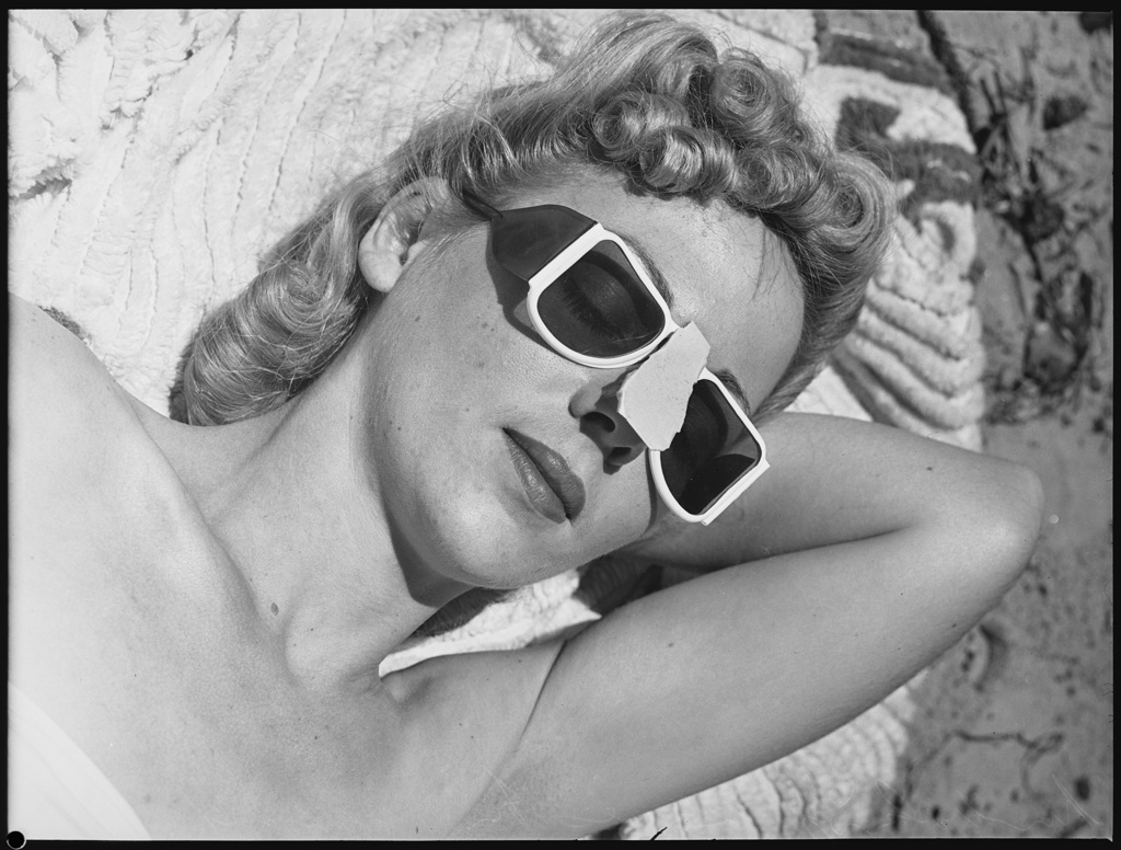 Marcelle Ferns with nose guard and sun glasses, 1941